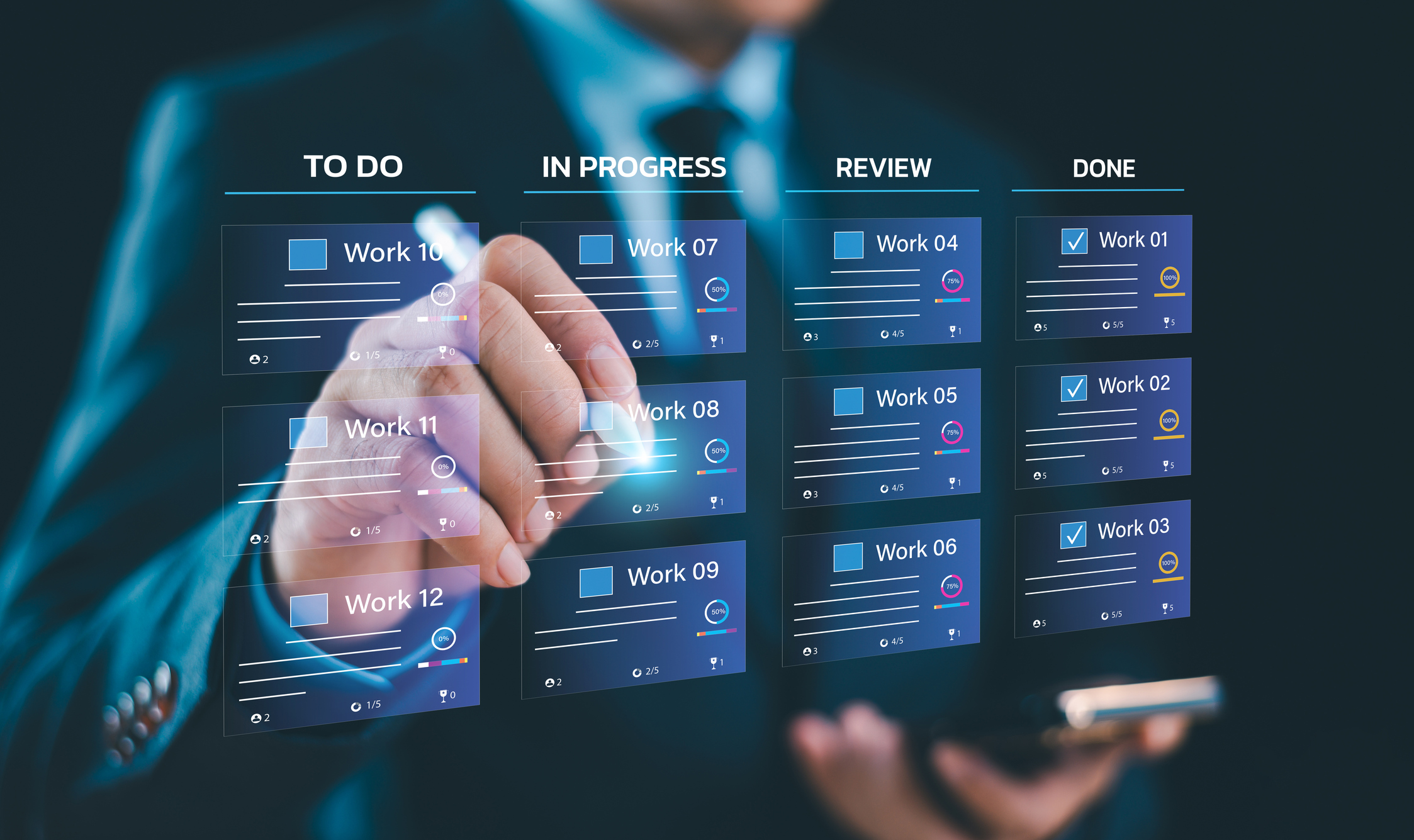 Task process fast change concept. Agile project management, software integration development. Kanban or scrum methodology board screen. Developer workflow, visual organization tools, test framework